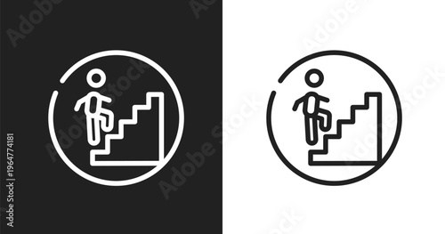 Walking up stair sign icon. Linear black, white icon from indications collection. Outline walking up stair sign vector. Thin line symbol isolated on white and black background