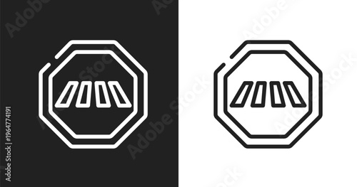 Crossing road caution icon. Linear black, white icon from indications collection. Outline crossing road caution vector. Thin line symbol isolated on white and black background