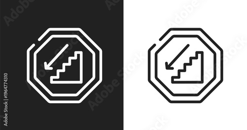 Walking downstairs icon. Linear black, white icon from indications collection. Outline walking downstairs vector. Thin line symbol isolated on white and black background
