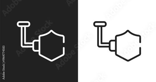 Shield signboard icon. Linear black, white icon from signals collection. Outline shield signboard vector. Thin line symbol isolated on white and black background