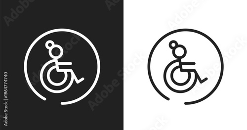 Wheelchair side view icon. Linear black, white icon from poi public places collection. Outline wheelchair side view vector. Thin line symbol isolated on white and black background