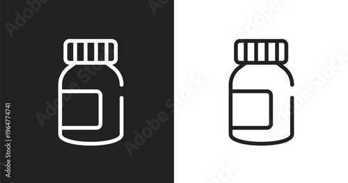 Pills jar icon. Linear black, white icon from poi public places collection. Outline pills jar vector. Thin line symbol isolated on white and black background