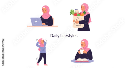 Muslim Woman Lifestyle Set Hijab Cartoon Vector Illustrations Isolated on White Background