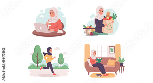 Muslim Woman Lifestyle Set Hijab Cartoon Vector Illustrations Isolated on White Background