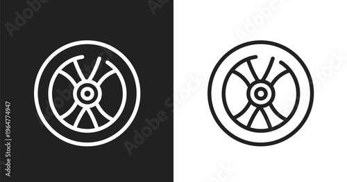 Wheel vehicle part icon. Linear black, white icon from signals set collection. Outline wheel vehicle part vector. Thin line symbol isolated on white and black background