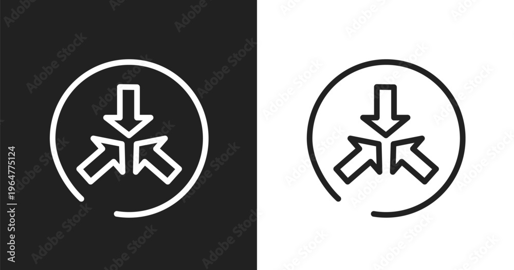 Fototapeta premium Converging icon. Linear black, white icon from us road signs collection. Outline converging vector. Thin line symbol isolated on white and black background