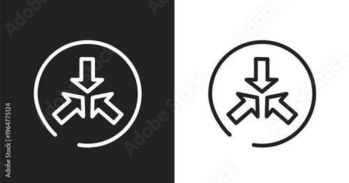 Converging icon. Linear black, white icon from us road signs collection. Outline converging vector. Thin line symbol isolated on white and black background
