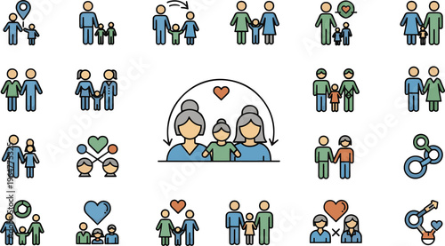 A colorful collection of simple human family icons and symbols on a solid black background showing various relationships and love on transparent background