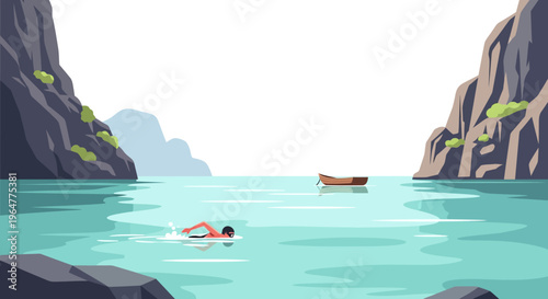 Tranquil coastal scene with swimmer surrounded by majestic cliffs and