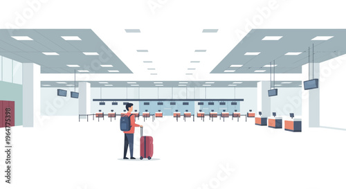 Modern airport waiting area with traveler in minimalist flat design