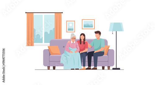 Family bonding at home on cozy sofa in minimalist style illustration