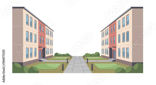 Modern residential architecture with symmetrical apartment buildings