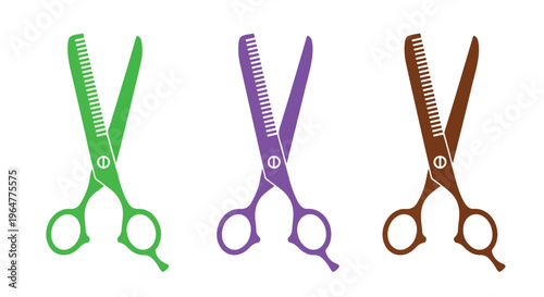 Three pairs of colorful hair cutting scissors with combs on the blades against a white background.