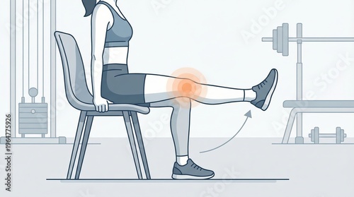 Woman experiencing knee pain during seated leg extension exercise, focusing on quadriceps strengthening and rehabilitation for joint health and recovery
