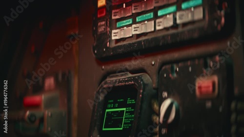Cinematic 3D animation of a sci-fi cockpit control panel. Close-up view of switches, toggles, a keyboard, and a glowing green monitor with text data. Smooth camera move top to bottom. Macro focus.
