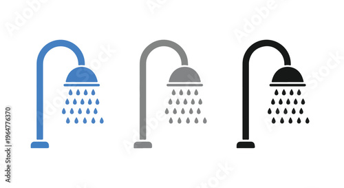 Three shower heads with different colored handles and water droplets on a plain white background in a graphic illustration.