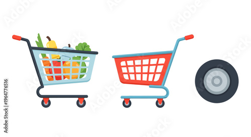 Colorful shopping cart set with groceries and removeable wheel