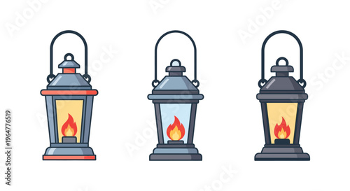 Set of vintage lanterns with burning flames on white background