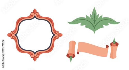 Vintage decorative frame and scroll elements with ornamental leaf