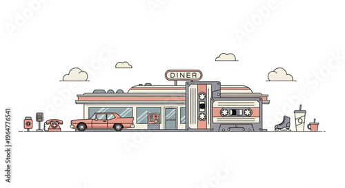 Retro diner with cassette motif and vintage car in linear style