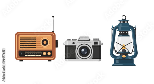 Retro tech collection: vintage radio classic camera and antique