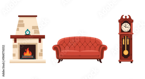 Cozy living room elements: fireplace sofa and antique clock