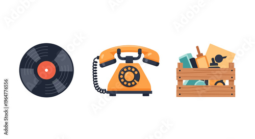 Retro items collection with vinyl record rotary telephone and vintage