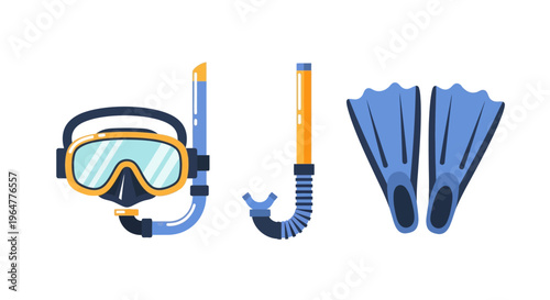 Diving equipment: snorkel mask fins in flat style