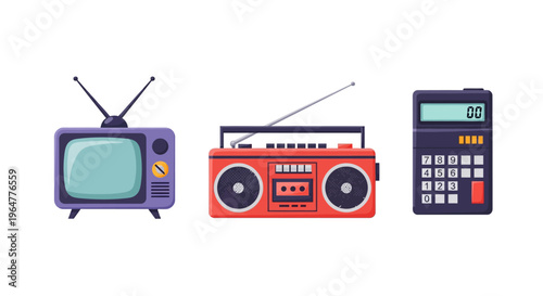Retro electronics: classic tv radio and calculator in flat design