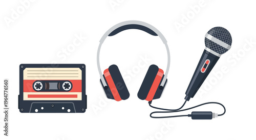 Retro audio collection: tape headphones and microphone