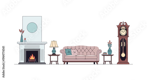 Cozy living room interior with fireplace and grandfather clock