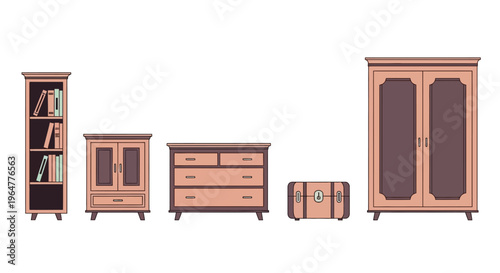 Elegant wooden furniture set with wardrobe shelves and suitcase