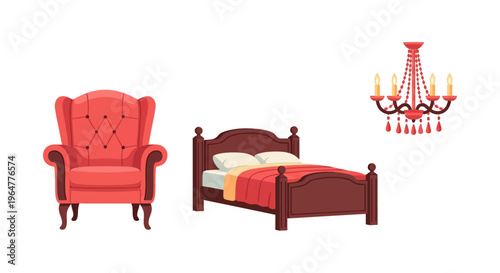 Elegant bedroom furniture set with classic armchair bed and chandelier