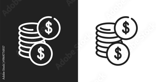 Dollar coins icon. Linear black, white icon from startups and new business collection. Outline dollar coins vector. Thin line symbol isolated on white and black background