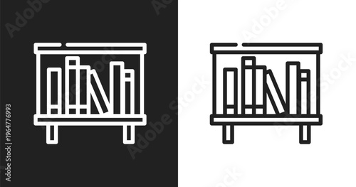 Bookshelves icon. Linear black, white icon from office elements collection. Outline bookshelves vector. Thin line symbol isolated on white and black background