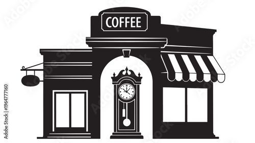 Cafe building illustration with clock and coffee sign, black silhouette featuring architecture, business, storefront with restaurant and food