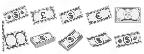 Assortment of Stylized Currency Bills money banknotes