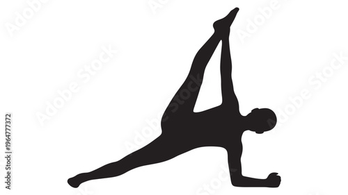 Person doing yoga pose with one leg raised high in air, in balance featuring silhouette, black, exercise with fitness and stretching elements for