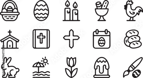 Outline vector icons representing traditional Easter celebration and Christian religious motifs
