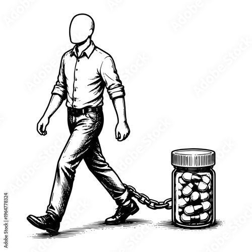 Man chained to giant pill bottle representing pharmaceutical dependency and drug addiction in engraving style