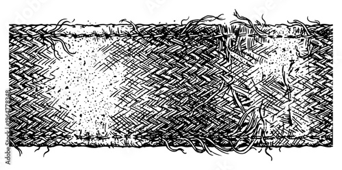 Woven burlap fabric texture with frayed edges and cross hatched details in woodcut style