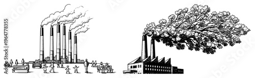 Industrial factory chimneys transforming smoke into leafy tree representing green energy transition in engraving style