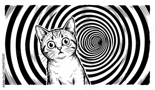 Surprised kitten face in front of hypnotic concentric spiral tunnel engraving style
