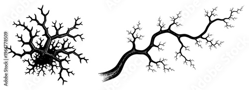 Branching fractal patterns resembling lightning bolts or neural pathways in woodcut style