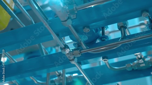 Stainless steel pipes ensure the operation of industrial equipment. Closeup. Shot in motion 