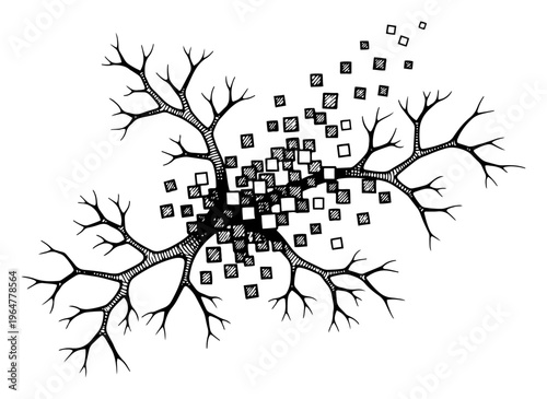 Abstract neural network tree with pixel squares and branching roots line art style