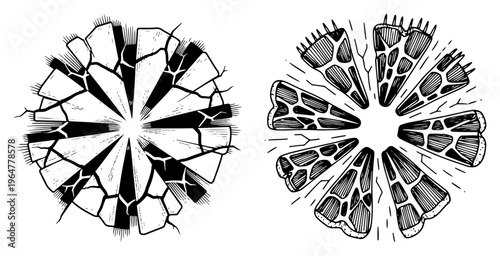 Broken glass shards and circular cracked surface with radial lines engraving style