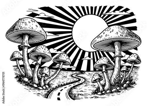 Giant mushrooms along winding road leading to sunburst in vintage engraving style