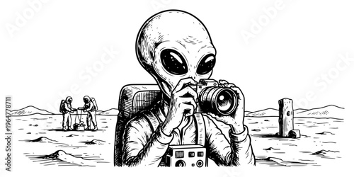 Alien photographer taking picture with professional camera on moon landscape engraving style
