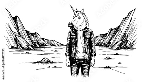 Person wearing unicorn mask in rocky mountain landscape vintage engraving style